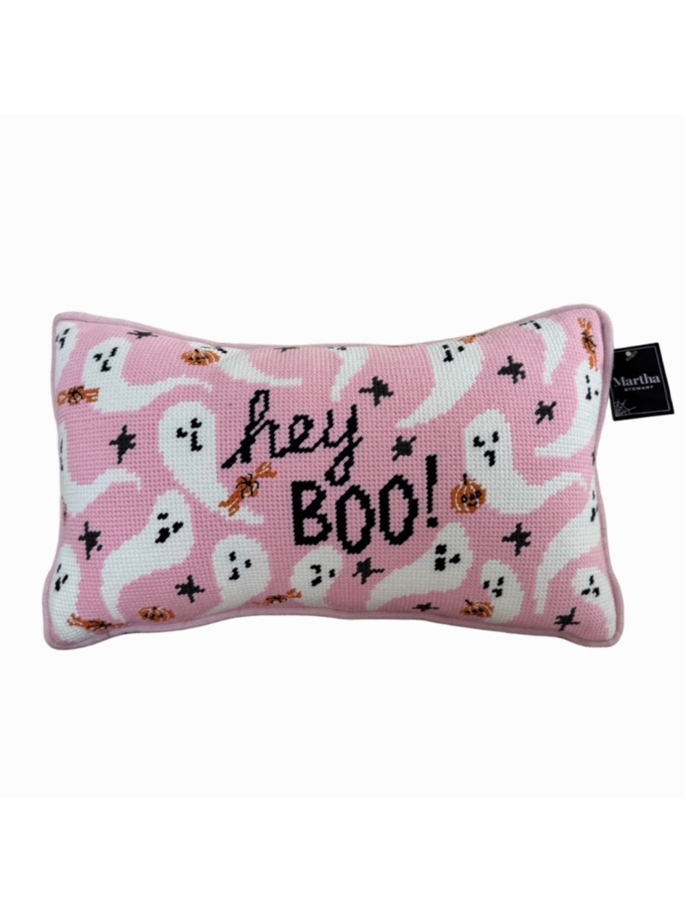 Martha Stewart Pillow Halloween Hey BOO! Ghost Pink Needlepoint Summerween NWT